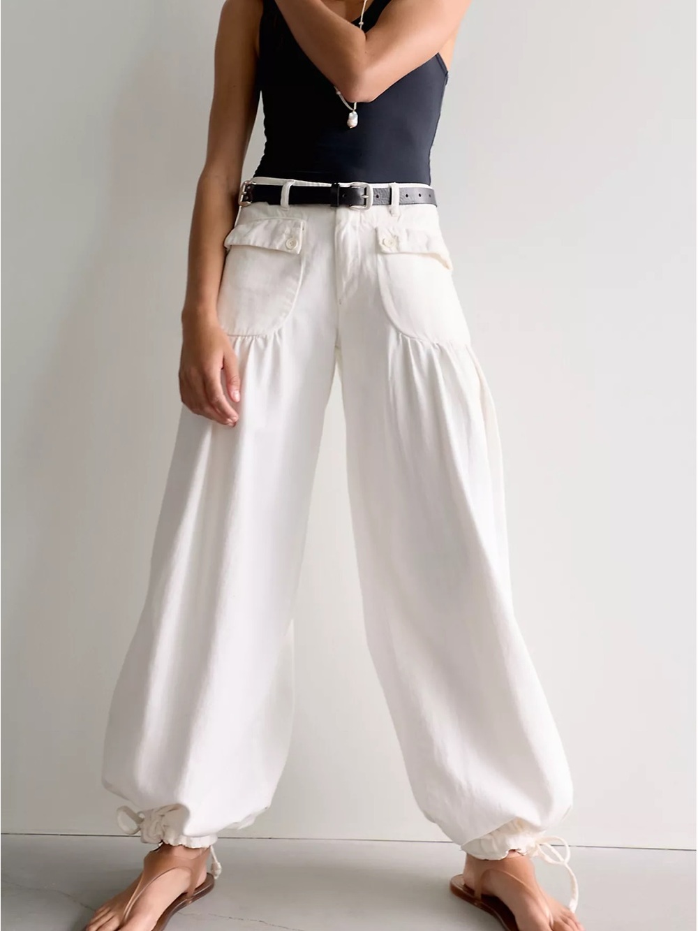 Free People Cream Wide-Leg Drawstring Hem Pants